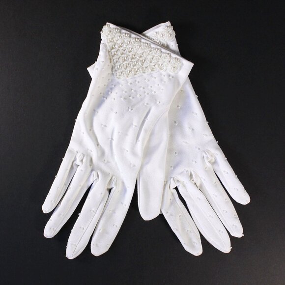 Vintage white beaded short gloves size 7, vintage wedding bridal gloves Nylon - Picture 2 of 9